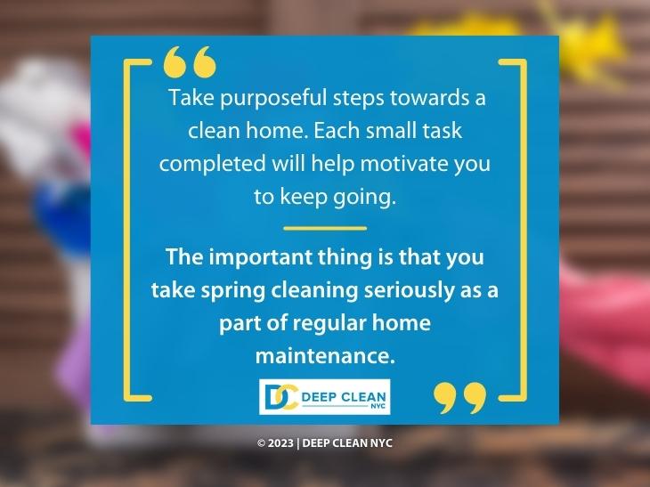 The image features a quote highlighting the importance of breaking up cleaning into small tasks, and the importance of consistent spring cleaning.