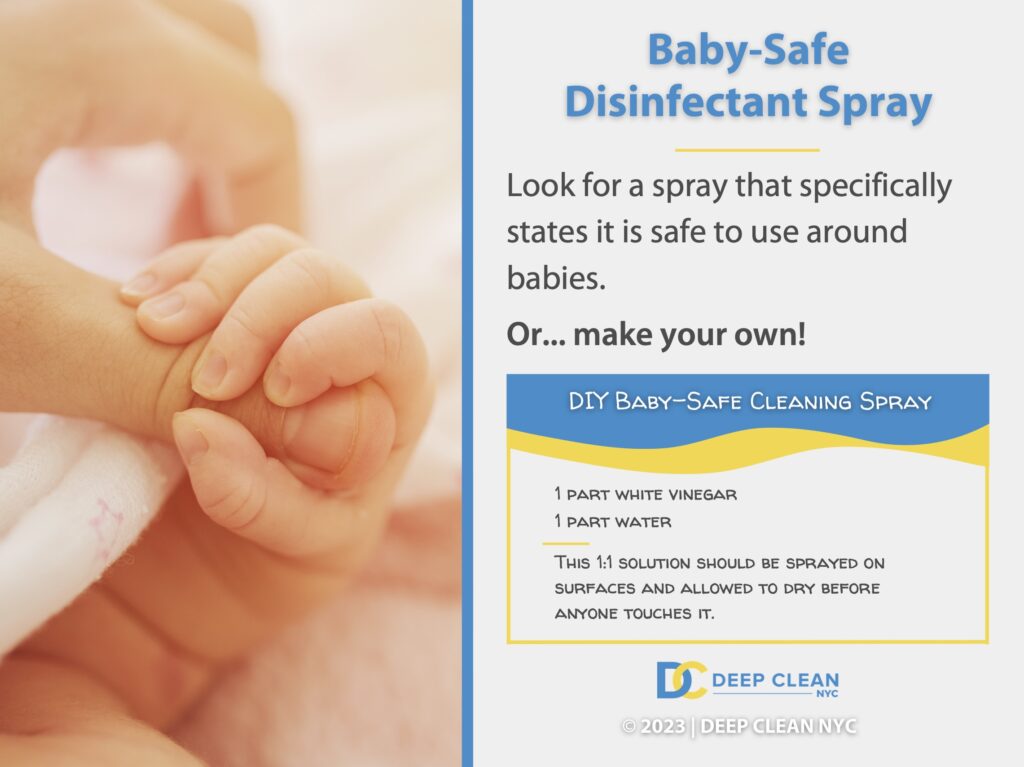 Callout 2: Close-up of newborn baby hand- Baby-safe disinfectant spray formula 