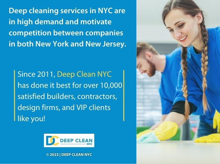 Callout 1: Close-up of two cleaning professionals cleaning desks- Since 2011 Deep Clean NYC has had over 10,000 satisfied clients, including builders, contractors, design firms.