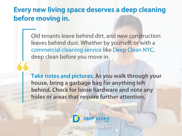 Callout 1: every new living space deserves a deep cleaning before moving in- two quotes from text over female cleaner background