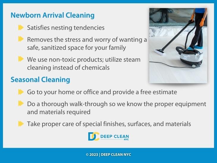 Callout 2: Cleaner cleaning floor with steam cleaner- Newborn Arrival Cleaning,3 facts-Seasonal Cleaning, 3 facts