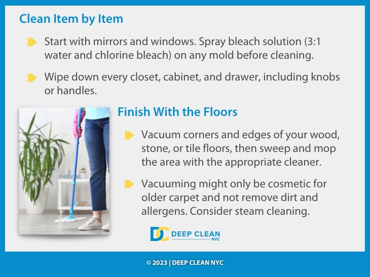 Callout 4: Bottom half of female cleaner holding a mop -Two detailed steps to clean- clean item by item - finish with floors