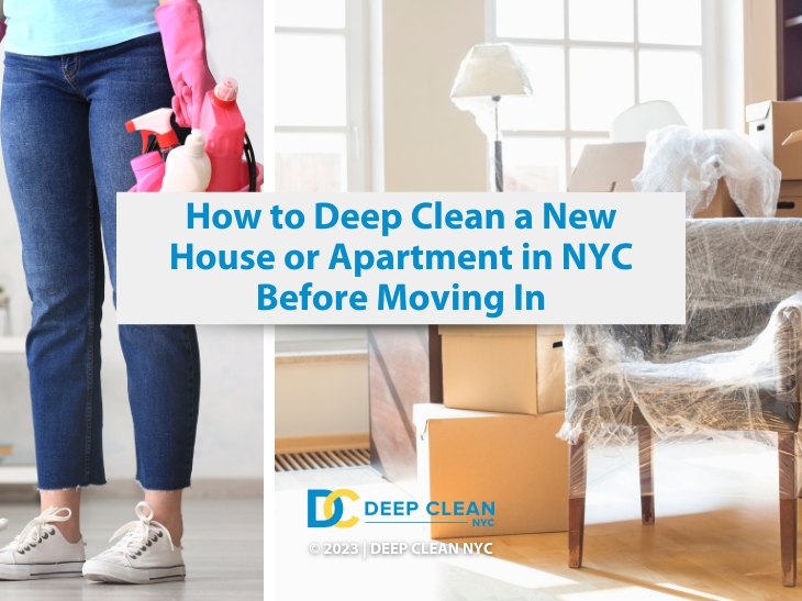 Featured: Female cleaner holding cleaning supplies- clean apt view.- How to deep clean a new house or apt in NYC before moving in