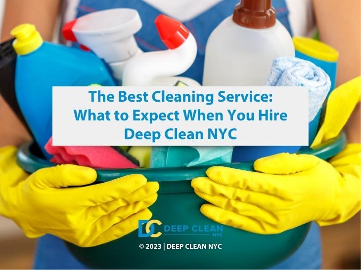Featured: Cleaning professional holding a bucket of cleaning supplies in office- The Best Cleaning Service: What to Expect When You Hire Deep Clean NYC