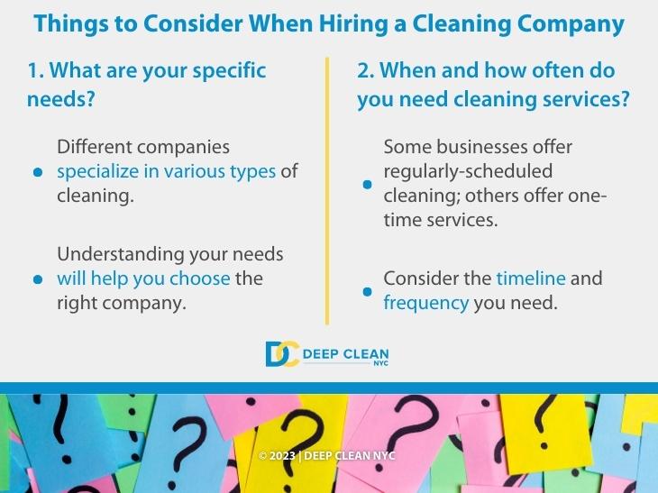 Callout 1: Questions marks on colorful paper notes- Things to consider when hiring a cleaning company, #1, #2. Needs, Frequency of cleaning