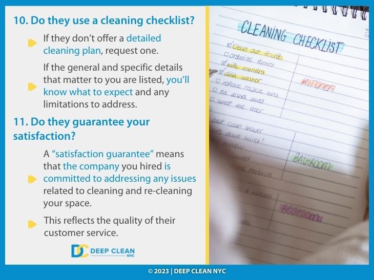 Callout 4: Cleaning checklist on notepad- Questions #10, #11- checklist, service guarantee
