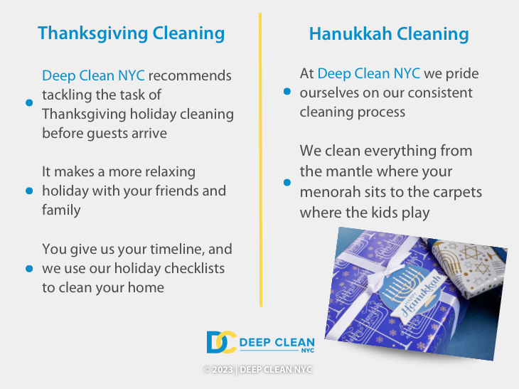 Callout 1: Hanukkah festival gifts on blue background- Thanksgiving cleaning- 3 tips. Hanukkah cleaning- 2 tips