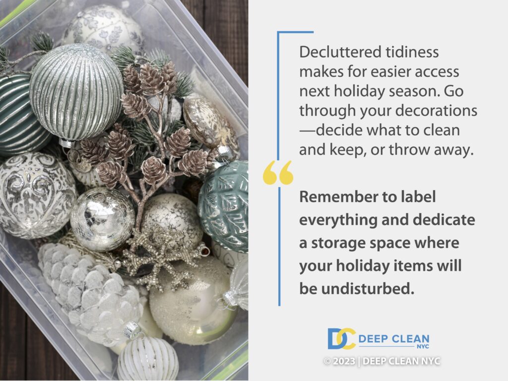 Callout 1: Storage box with Christmas ornaments - quotes from text with tips for decluttering and decoration storage